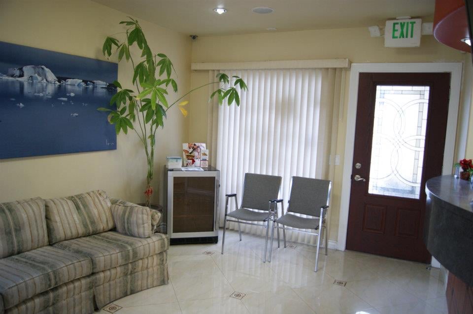 The waiting room, with a striped sofa, a tall plant and the glass-panelled front door